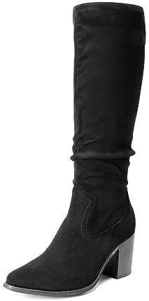 DREAM PAIRS Women's Slouchy Knee-High Chunky Heel Boots,Size 7,Black