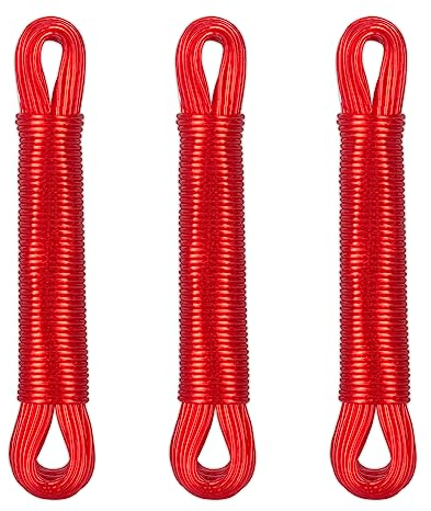 Relaxdays Wäscheleine 3er Set, 20m, PVC Wäscheseil mit Polyesterkern, extra stark, drinnen & draußen, Wäscheschnur, rot