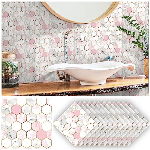 Hiseng Fliesenaufkleber, Mode Stil Wasserdicht Ölfest Stickerfliesen Mosaik Marmor Deko Selbstklebende Fliesenfolie für Badezimmer Wohnzimmer Küche, 20x20cm (Wabe Rosa,48 Stück)