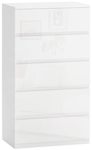 HOMCOM Cómoda con 5 Cajones Cómoda de Dormitorio 55x33x100 cm Blanco Brillo