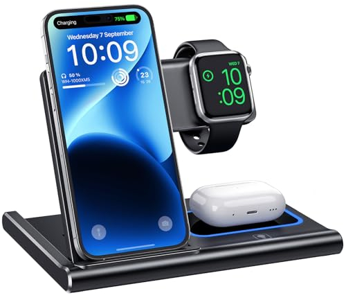 EXW Station de Charge, Chargeur à Induction 3 en 1 Chargeur sans Fil Compatible avec iPhone 17/16/15/14/13/12 Série, Apple Watch 10/9/8/7/6/SE/5/4/3, AirPods 2/3/4/Pro-Noir