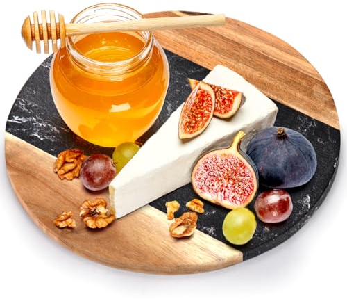 Okllen Tabla de queso de mármol de 11.8 pulgadas y tabla de servir de madera de acacia, tabla de cortar redonda hecha a mano para queso, embutidos, carne