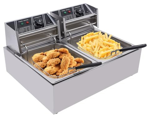 Fritös i rostfritt stål, 12 l rostfritt stål, dubbelfritös med 2 rostfria korgar, lock av rostfritt stål, justerbar uppvärmning upp till 200 °C, för pommes frites, kyckling, 5 000 W