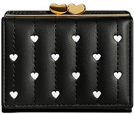 Dinglong Porte Monnaie Femmes Mesdames Tri Fold Mini Multi Function ID Purse Brodé Heart Short Ladies Clip Wallet Porte Monnaie Femmes Porte-chéquiers Femme Porte chequier Long Petite Pochette