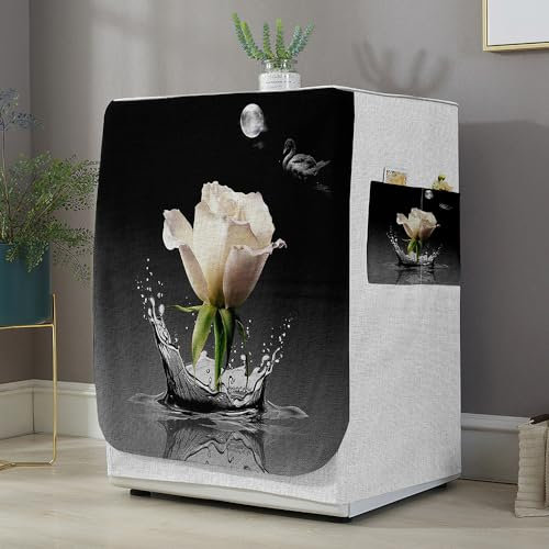 Highdi 3D Housse de Protection pour Machine à Laver, Chargement Frontal Housse La Poussière avec Ouverture Frontale pour Linge Domestique (Capacité S 6~7.5KG,Roses Blanches)