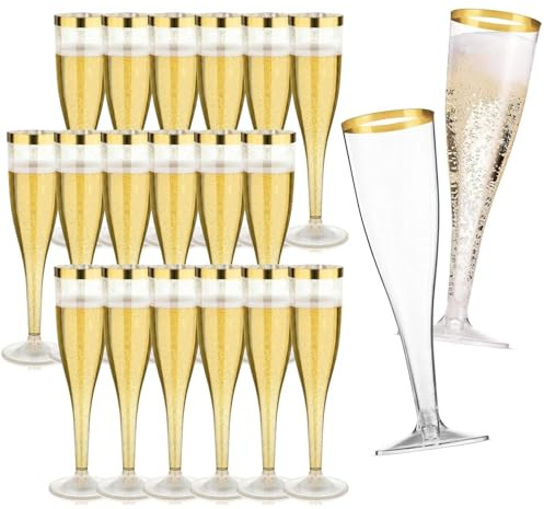 Yitobici 20 Stück Sektgläser Plastik, 133ml Champagner Gläser mit Goldrand,Sektkelch Sektflöten, Sektglas Kunststoff, für Bars, Hochzeiten, Partys, Picknicks, Aktivitäten im Freien
