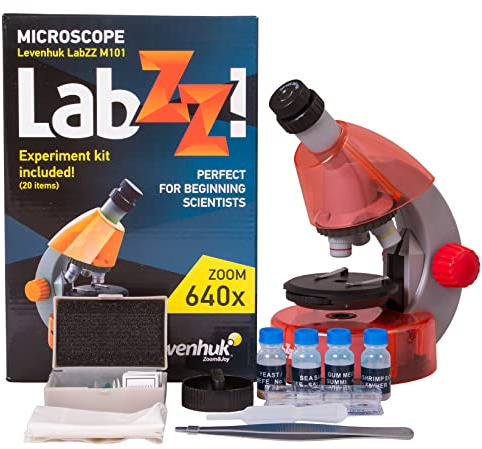 Levenhuk LabZZ M101 Orange STEM Microscopio per Bambini con Zoom 640x, Luce a LED, Kit Scientifico Giocattolo Portatile di Vetrini Preparati, Strumenti di Laboratorio, Guida con Esperimenti (IT)