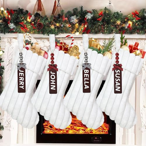 LOMOHOO Christmas Stocking Set of 4 Large White Faux Fur Stockings with Name Tags for Party Gift and Tree Decoration