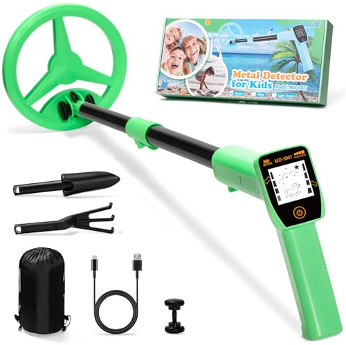 Metalldetektor Kinder, Smofrees Über USB Wiederaufladbarer Kleiner Kinder Metalldetektor, Verstellbarer 60-86cm Tragbarer Metalldetektor mit lustigem LCD-Display für die Erkundung im Freien, Grün