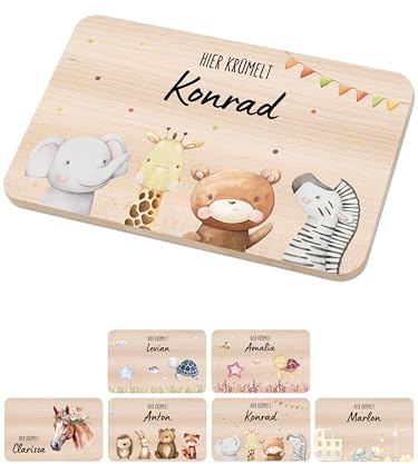 Bärenfreunde - Individuelles Holzbrett mit hochwertigem Spezial-Druck für Kinder - Personalisiertes Frühstücksbrettchen - Niedliche Motiv-Brettchen mit Namen (Girlande Tiere winkt)