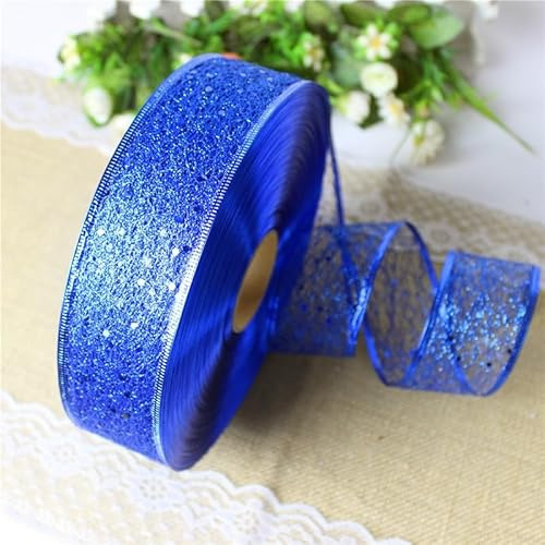 SYSUII 1 Rollen Weihnachts Netzband, 5cm x 10m Geschenkband mit Draht Weihnachtenband Schleifenband Drahtband Glitzer Dekoband für Weihnachtsbaum Kranz DIY Kunsthandwerk Geschenkverpackung -Blau