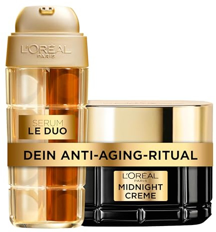 L'Oréal Paris Anti-Aging Pflege Routine, Geschenkset für Frauen, Midnight Creme Gesichtspflege gegen Falten, alle Hauttypen, 50 ml & Serum Le Duo, Kollagen-Booster-Formel mit Vitamin B3 und CG, 30 ml