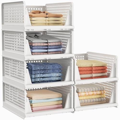 HOMIDEC Wardrobe Storage Organiser, 6 Pack Stackable Storage Baskets Boxes | Folding Storage Drawers, Plastic Cupboard Organiser, Shleves for Clothes Bedroom Wardrobe Closet, White