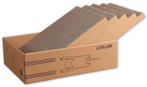 ULTRALARK ¡Juego de 5 en 1! Caja rascadora para Gatos (42x28 cm) + 5 Almohadillas Reversibles + Cama de cartón Corrugado - Recambios para rascador Interior