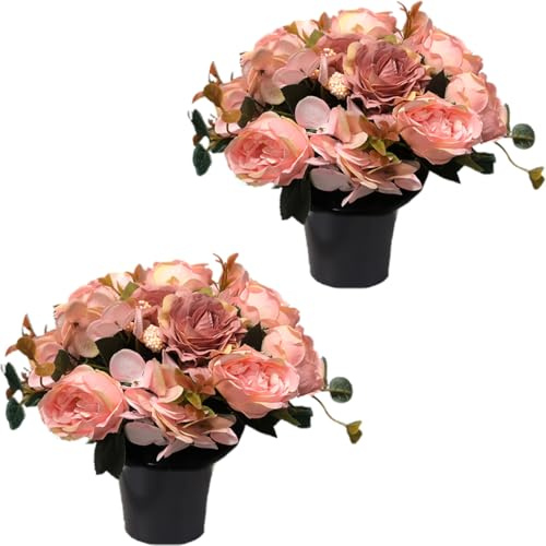 Etomvoop Lot de 2 fleurs artificielles en pot pour tombe, 12 têtes de pivoine, hortensia, cimetière, bouquet floral funéraire réaliste pour extérieur, tombe, décoration de la maison