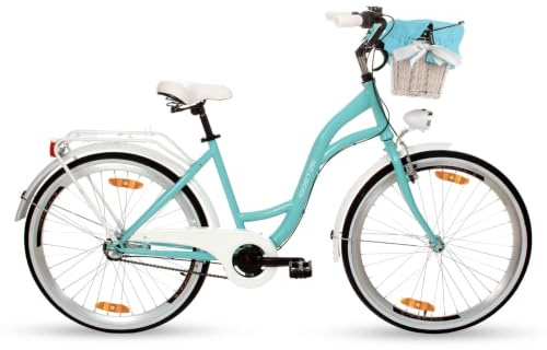 Goetze Style Damen Citybike 26 Zoll, Retro Fahrrad mit 3-Gang | 17-Zoll-Tiefeinsteiger mit Rücktrittbremse & V-Brake, LED-Beleuchtung, Rattankorb, Gepäckträger, Ständer & Klingel