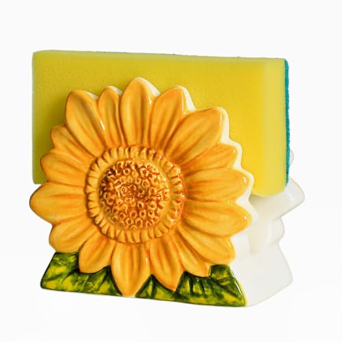 Bicuzat Ceramic Sunflower Sponge Holder for Kitchen Sink, Compact Sink Caddy Organizer, Flower Scouring Pad and Dish Sponge Holder