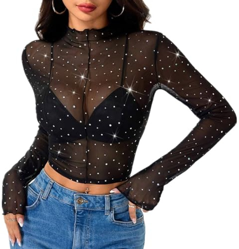 SamHeng Transparente Top de Malla para Mujer, Sexy Top de Lentejuelas Camiseta de Manga Larga Brillante Slim Fit T-Shirt de Cuello Alto Sheer Camisa de Blusa Casual Crop Tops Streetwear (XL)