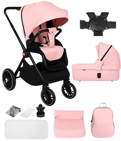 BabyVoyage 2 in 1 Kinderwagen 0-48 Monate, Buggy mit Zwei Umkehrbaren Schiebemodi, Rahmen Aluminiumlegierung, Vollfederung, 5 Punkt Sicherheitsgurt Ein-Klick-Faltdesign Kinderwagen Buggy-Rosa