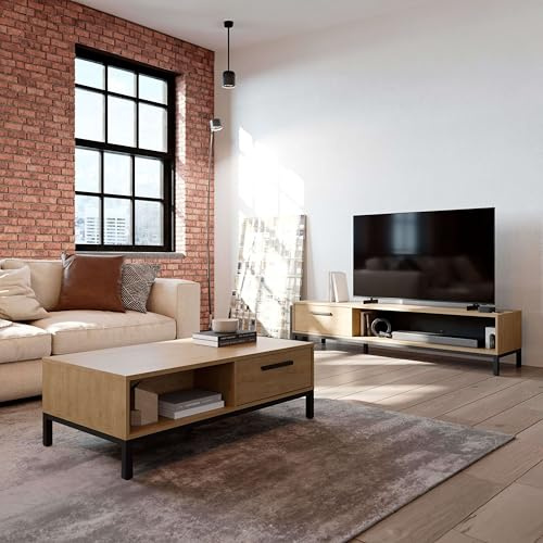 Miroytengo Pack de Muebles de Salón Roble Hamilton y Negro con Mesa de Centro 1 Cajón Mueble TV 1 Cajón Melamina Patas Pino