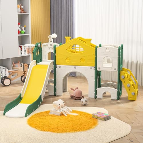 7-in-1-Kinderrutsche, Kinderspielplatz mit Langer Rutsche, Gang, Treppe, Basketballkorb und Teleskop, Innen- und Außenspielplatz, Kinderspielgeräte, Spielaktivitätszentrum