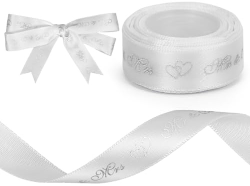 Schleifenband Hochzeit Mr & Mrs, 4.5 m x 15 mm Weiß Silber Geschenkband Hochzeit Satinband Bänder Deko für Hochzeitsgeschenk Hochzeitsdeko Geschenk Verpackungen