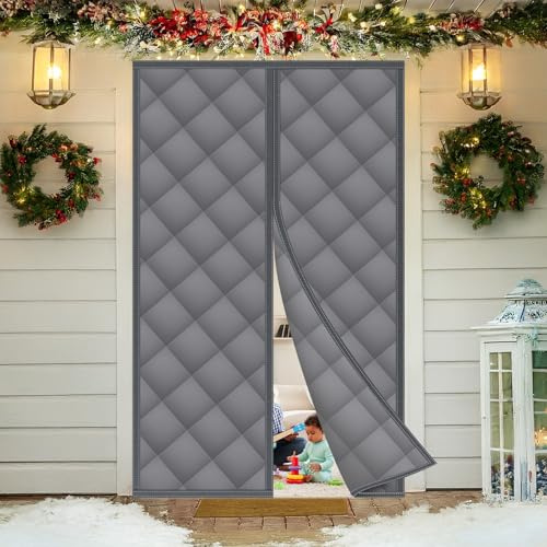 NUTKIT Magnet Wärmeschutzvorhang für Türen, 80x200cm Thermo Türvorhang, Isolier Schutz Vorhang, Winddicht Kälteschutz ohne Bohren Haustierfreundlich Thermovorhang für Balkontür Terrassentür(Grau)