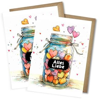 WBdesignz 2er-Set Grußkarten „Alles Liebe“ – mit buntem Herzglas-Motiv – Hochwertige Glückwunschkarten - Geburtstag Glückwünsche für Männer & Frauen - mit Umschlägen DIN A6 (2er-Set)