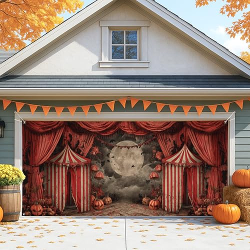 Garagentorabdeckung, Halloween-Zirkus, Vintage-Zelt, großes Garagentor, Dekoration, gruselige Innen- und Außenbereich, Herbst-Party-Hintergrund, Dekoration, 400 x 180 cm