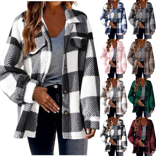 Générique Veste chemise pour femme doublée en polaire Veste à carreaux Poches Manches longues Manteau Chaude Blouse avec boutons Vintage Chemisier Chic et Elegant Confortable Automne Hiver