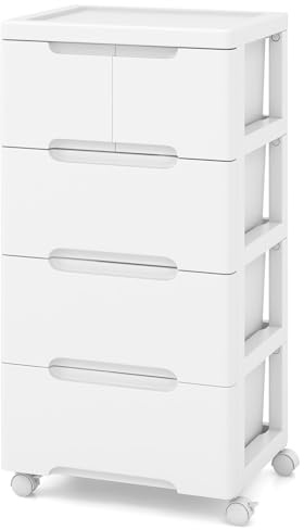 COSTWAY Carrello di Stoccaggio con Ruote, Cassettiera Verticale con Cassetti, Armadietto Contenitore di Stoccaggio, Organizzatore di Plastica per Casa Ufficio (4 cassetti)
