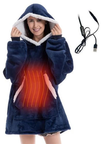 CAIYZH USB Heated Wearable Blanket Electric Hooded Blanket With 3 Heating Levels, Fleece Wearable Fluffy Hooded Blanket Warm Throw Blanket Sweatshirt Robe For Adults(Navy Blue,Controller with Cable)