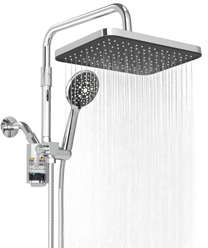 Filtered Shower Head with Handheld,12 Inch High Pressure Rain Shower Head with Adjustable Extension Arm,Dual shower filter head for hard water,Tool-Free DIY Kit,Chrome (Chrome)