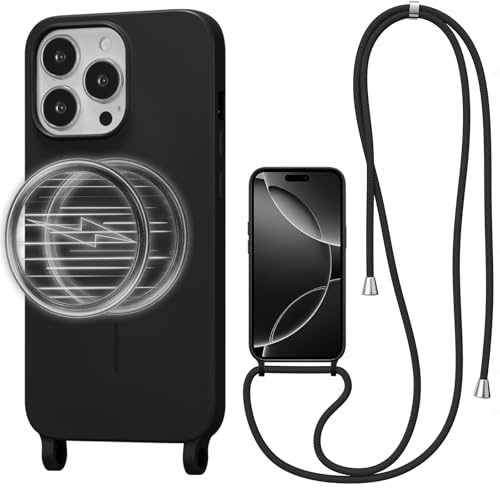 UCASONG Magnetic Case for iPhone 15 Pro with Lanyard, Black | Compatible with MagSafe, Crossbody Liquid Silicone Case, Soft Shockproof Protective Cover, with Adjustable Neck Cord Strap