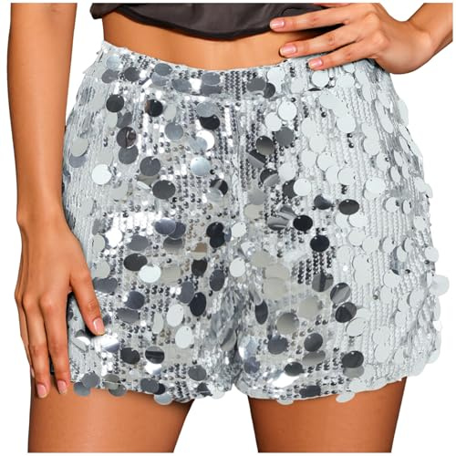 Pailletten Shorts Damen Elastische Taille Metallic Hotpants Tanz Karneval Hose Kurz Pailletten Glitzer Shorts Glänzend Kurz Hose Sexy Hotpants Glitzer Outfitwear Festivals Outfits Freizeitshorts