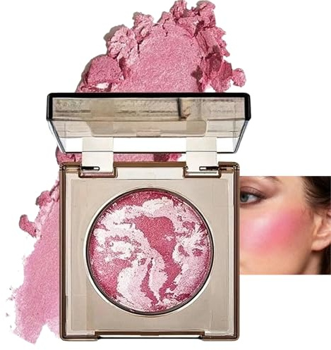 Baked Blush for Mature Skin,Buildable Blush Powder, Long-lasting 24H Wear, Shimmer Brick Pressed Blusher,Transfer, Water & Sweat Resistant Buildable Cheek Makeup for Dimensional Look(Pink)