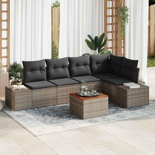 Set di divani da giardino modulari in polyrattan 6 pezzi con contenitore, grigio, legno massello di acacia e cuscini in schiuma, design moderno per patio e terrazza.