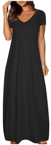 Robe d'été à manches courtes pour femme - T-shirt de couleur unie - Longue robe d'été 2026 - Tendance - Décontractée - Ample - Pour femme - Midi UK - Printemps - Soleil - Coton - Nuit - Tenue de