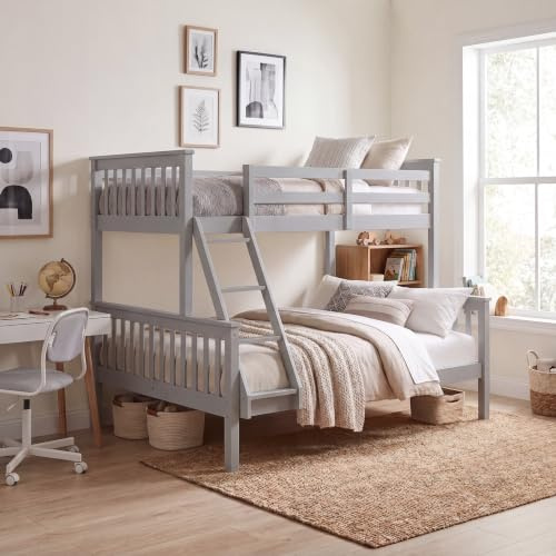 Vida Designs Milan Triple Sleeper Bunk Bed | Grey | Solid Pine Wood | 148 H x 198 W x 150 D cm | Ladder | Guard Rails | Easy Assembly | Versatile | Children Bedroom Furniture