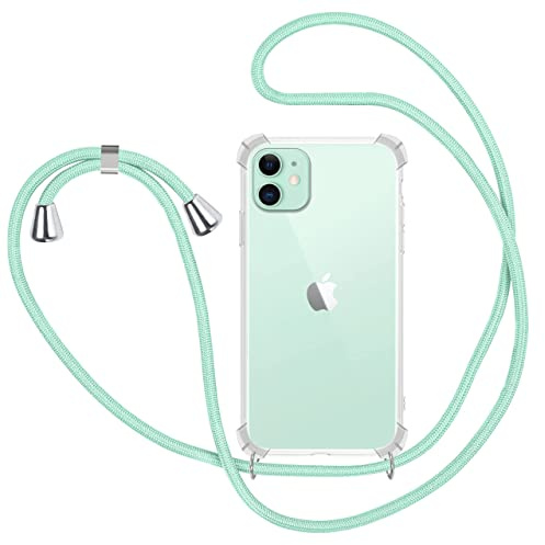 Funda con Cuerda para iPhone 11, Carcasa Transparente TPU Suave Silicona Case con Correa Colgante Ajustable Collar de Cuello Cadena Cordón - Verde Menta