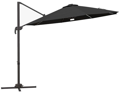 Outsunny 3 m Cantilever Roma Parasol Garden Sun Umbrella Outdoor Patio with 360 Degree Rotation Crank and Tilt Aluminium Frame LED Solar Light Cross Base, Dark Grey