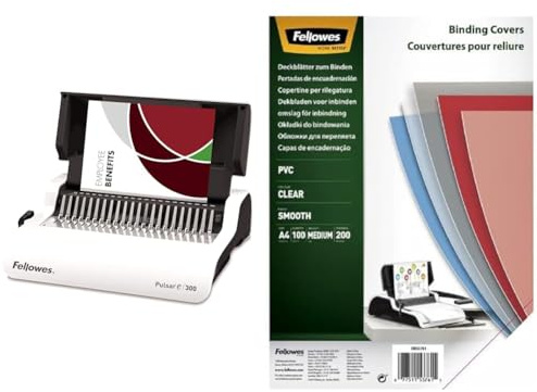 Fellowes 5620701 Pulsar-E Perforelieur électrique par anneaux plastiques 20 feuilles & 5376102 - Couvertures de reliure PVC transparent A4 en PVC 200 microns - Pack de 100