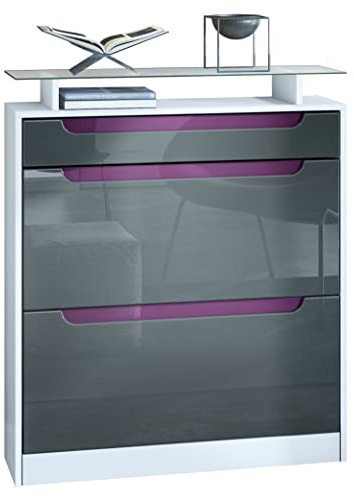 Vladon Schuhschrank Fiesta, Weiß matt/Grau Hochglanz/Brombeer Hochglanz Schuhkipper für 16 Paar Schuhe mit 2 Klappen (89 x 104 x 23 cm)