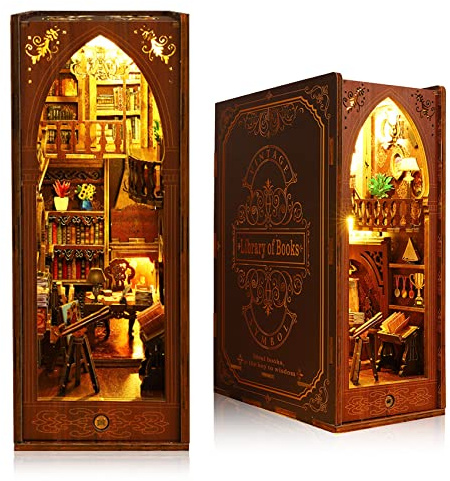 DIY Book Nook Kit – fängslande 3D-träpussel – bokstöd – modellbyggsats för vuxna och tonåringar, miniatyr – bibliotek – bokhyllinsats med LED – lampor