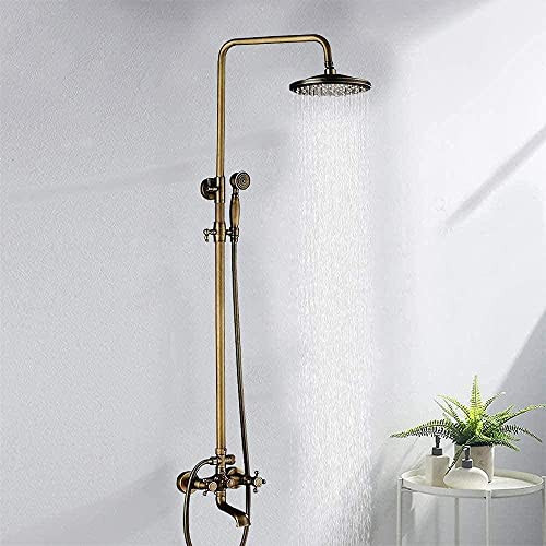 Antik Messing Badewanne Duscharmatur Duschsäule mit Ablage Duschsystem Regenbrause Brausegarnitur Dusche Brausestange Wasserfallduschkopf und Handbrause