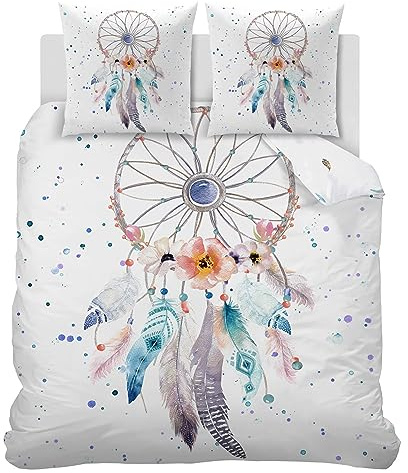 Linfye Housse de Couette 140x200 Attrape-RêVes Parure de Lit 1 Personne avec Fermeture Éclair, Réversible Linge de Lit Sets de Housse Couette en Microfibre avec 2 Taie d'oreiller 65x65 cm