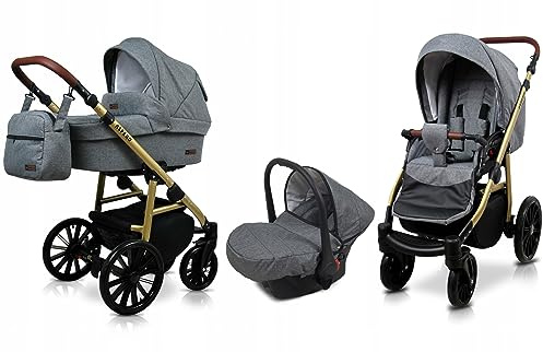 BabyLux® Bambimo Kinderwagen Set 3 in 1 - Aspero - incl. Babywanne, Buggy Sportsitz, Auto-Babyschale - Autositz - Kinderwagenset - Kombikinderwagen mit Wickeltasche, Regenschutz usw.
