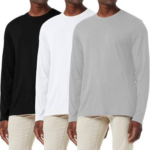 3 Pack Men's Cotton Shirt Loose Fit Long Sleeve T-Shirt Moisture Wicking Crew Neck Shirts Comfort Casual Base Layer Tops Black/White/Gray-3P01-XL