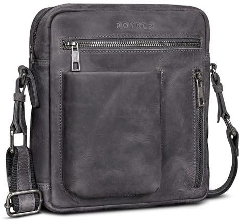 ROYALZ Antonio Herren Umhängetasche Leder klein – Echtleder Crossbody Ledertasche für Männer im Vintage Look – kompakte Messenger Bag mit Reißverschluss;Farbe:Roma Cognac Braun