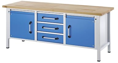eurokraft | Werkbank | Gestellbauweise | Breite 2000 mm | 3 Schubladen | 2 Türen | Buche massiv